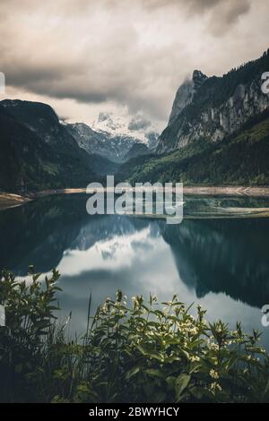 Nebliger Sommermorgen am Vorderer Gosausee. Farbenprächtiger Sonnenaufgang in den österreichischen Alpen, im Salzkammergut Resort im Gosautal in Oberösterreich Stockfoto