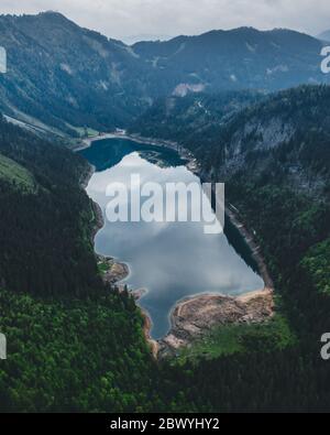 Bergsee gosau Luftdrohne Ansicht im Sommer Stockfoto