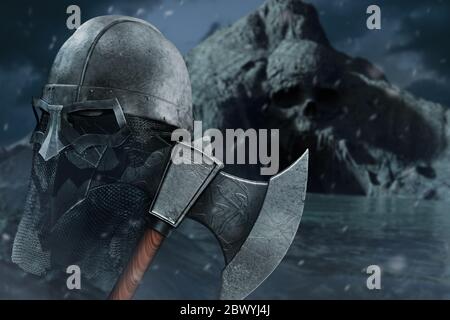 3d Render Illustration von wikinger Helm auf Axt auf Schädel Höhle Hügel Meer Küste Hintergrund. Stockfoto