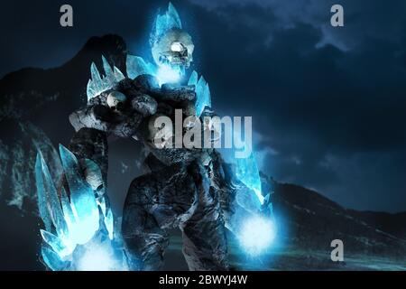 3d Render Illustration von Fantasy-Eis Golem Kreatur mit menschlichen Schädeln und glühenden Händen stehen am Meer Küste Hintergrund Seitenansicht. Stockfoto