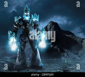 3d Render Illustration von Fantasy-Eis Golem Kreatur mit menschlichen Schädeln und glühenden Händen auf Skelett Höhle Meer Küste Hintergrund stehend. Stockfoto