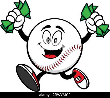 Baseball-Maskottchen laufen mit Geld - EINE Cartoon-Illustration eines Baseball-Maskottchen laufen mit Geld. Stock Vektor