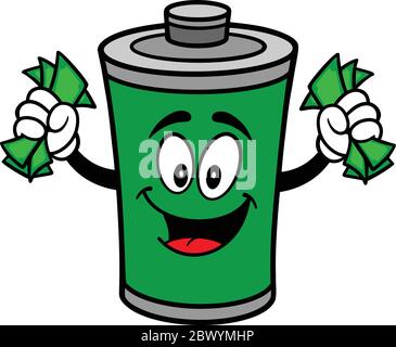Batterie-Maskottchen mit Geld - EINE Karikatur Illustration eines Batterie-Maskottchen mit Geld. Stock Vektor