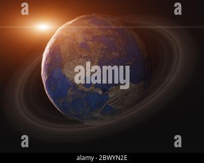 Sonnenaufgang über fantastischem Exoplanet mit Meeresoberfläche Atmosphäre und Ring im Weltraum. 3D-Rendern. Elemente dieses Bildes, die von der NASA bereitgestellt wurden. Stockfoto