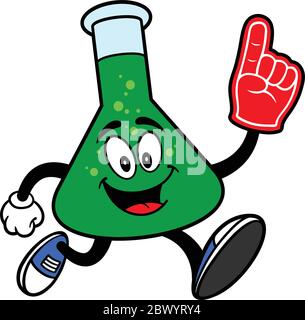 Chemistry Flask Mascot Running with Foam Finger - EINE Cartoon-Illustration eines Chemistry Flask Mascot Running with a Foam Finger. Stock Vektor