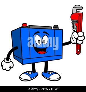 Autobatterie mit Schraubenschlüssel - EINE Cartoon Illustration einer Autobatterie mit Schraubenschlüssel. Stock Vektor