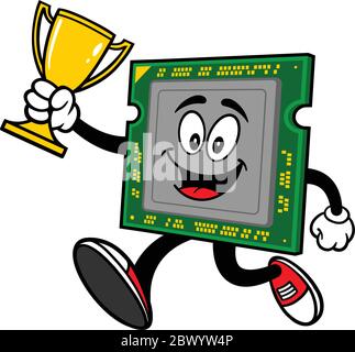 Computerprozessor läuft mit einer Trophäe- EINE Cartoon-Illustration eines Computerprozessors läuft mit einer Trophäe. Stock Vektor