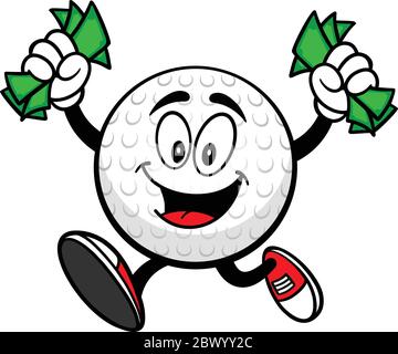 Golf Ball Maskottchen laufen mit Geld - EINE Karikatur Illustration eines Golf Ball Maskottchen laufen mit Geld. Stock Vektor