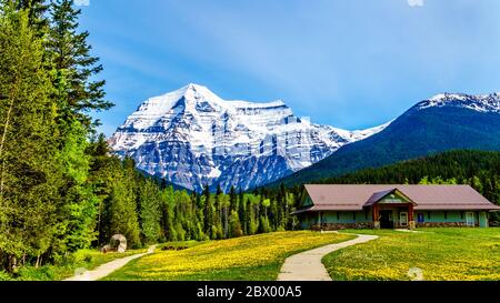 Der schneebedeckte Gipfel des Mount Robson, der höchste Gipfel der kanadischen Rockies in Mt. Robson Provincial Park, British Columbia, Kanada Stockfoto