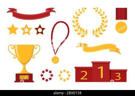 Symbole für Auszeichnungen. Website. Set von Trophäenbecher, Bänder, Sterne, Lorbeerkranz, Gewinner Podium. Vektorgrafik Stockfoto