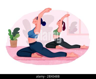 Illustration der Gruppe von Frauen, die Yoga im Freien machen. Yoga-Kurs. Stockfoto