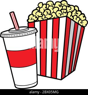 Popcorn und Soda - EINE Cartoon-Illustration einer Schachtel Popcorn und Soda. Stock Vektor