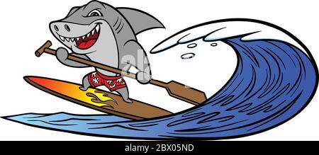 Shark Paddleboarding - EINE Vektorgrafik Cartoon Illustration eines Shark Paddle Boarding. Stock Vektor