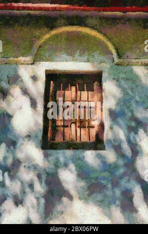 Antike Holzfenster und Gitter mit dekorativen Bögen auf der Oberseite die Wand ist weiß Illustrationen schafft einen impressionistischen Stil der Malerei. Stockfoto