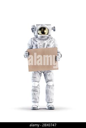Astronaut mit Nachricht / 3D-Illustration des Raumanzugs trägt männliche Figur hält leere Pappe Schild isoliert auf weißem Studio-Hintergrund Stockfoto