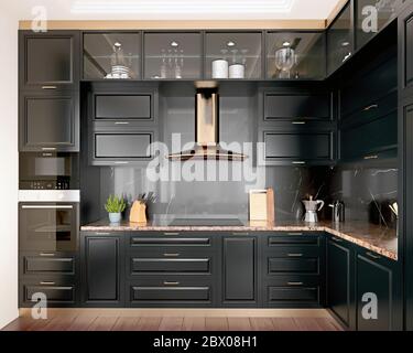 Moderne Innenarchitektur Küche mit schwarzem Marmor, schwarzen Schränken, dunkelgoldenen Zierleisten und Granit-Arbeitsplatte, 3d-Rendering, 3d-Illustration Stockfoto