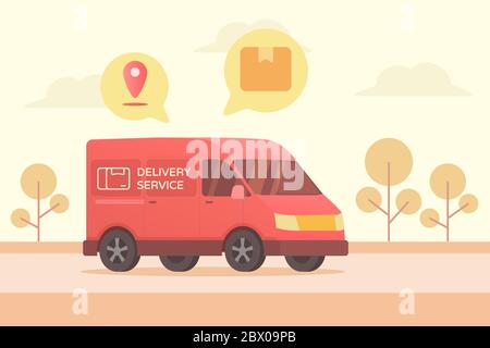 Car Van liefert eine Box Tracking-Position mit gps-Baum und Wolke im Hintergrund, Logistik und Technologie-Konzept moderne flache Stil Vektor illust Stockfoto