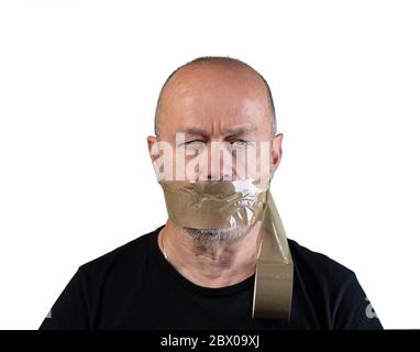 Ein Mann mit dem Mund mit Klebeband bedeckt Stockfoto