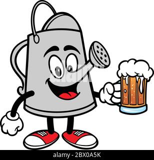 Gießkanne mit Bier - EINE Karikatur Illustration einer Gießkanne Maskottchen mit einem Bier. Stock Vektor