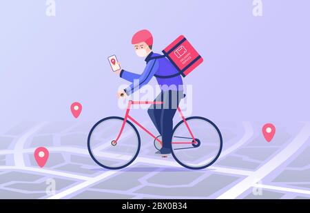 Kurier Fahrt Fahrrad und tragen Maske Lieferpaket tragen, um Ziel nach gps-Navigation modernen flachen Cartoon-Stil Vektor illustra Adresse Stockfoto
