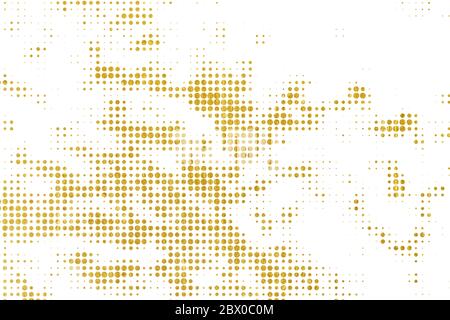 Goldfarbenes, grunzfarbenes Halbtondesign. Abstraktes Texturmuster aus goldenen Punkten auf weißem Hintergrund Stockfoto