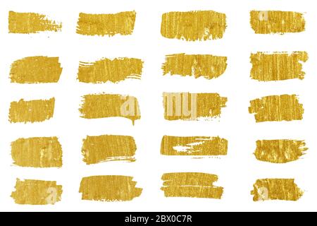 Sammlung von goldenen Farbstrichen. Grunge abstrakt Hand bemalten Element Gold strichen mit einem Pinsel. Stockfoto