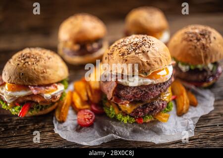 Auswahl an verschiedenen frischen leckeren Burgern mit Kartoffelkeilen in rustikaler Umgebung Stockfoto