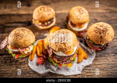 Auswahl an verschiedenen frischen, leckeren Burgern in Sesambrötchen mit Kartoffelkeilen in rustikaler Umgebung Stockfoto