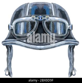 Wasserfarbiger schwarzer Biker-Helm mit Sonnenbrille mit Metallakzenten Stockfoto