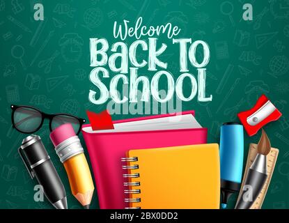 Zurück zur Schule Vektor-Banner. Zurück zur Schule Willkommenstext mit Bildung Gegenstände, Zubehör und Objekte in grün Muster Hintergrund Feind pädagogischen Stock Vektor