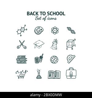 Zurück zur Schule Set von isolierten Ikonen. Handgezeichnete Inschrift und Objekte mit Bildung verbunden. Vektorgrafik im Doodle-Stil Stock Vektor
