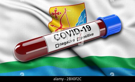 Flagge des Kirov Oblast winkt im Wind mit einem positiven Covid-19 Blutprobe Rohr. Stockfoto