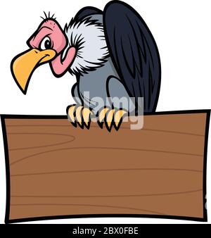 Geier mit Zeichen - EINE Karikatur-Illustration eines Geiers sitzt auf einem Holzschild. Stock Vektor