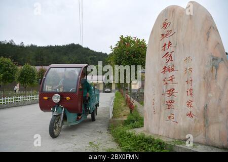 (200604) -- XIUSHUI, 4. Juni 2020 (Xinhua) -- der umgesiedelte Dorfbewohner Leng Qingliu und seine Frau Hu Aihua fahren zur Arbeit in der Nähe einer Umsiedlungsgemeinschaft zur Armutsbekämpfung im Dorf Yangfang der Gemeinde Gushi, Landkreis Xiushui, Provinz Jiangxi, 20. Mai 2020. Während des 13. Fünfjahresplans (2016-2020) in China hat die lokale Regierung in Xiushui 141 Umsiedlungsgemeinschaften für mehr als 10,000 verarmte Landbewohner errichtet, die früher mit dem Leben in den Berggebieten des Landkreises zu kämpfen hatten. Die umgesiedelten Landbewohner haben nun Zugang zu besseren Krankenhäusern, Stockfoto