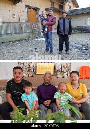 (200604) -- XIUSHUI, 4. Juni 2020 (Xinhua) -- Combo Foto zeigt Hu Shanghai, wie er mit seinem Vater und seinem Sohn vor seinem alten Wohnsitz im Dorf Madong, Gemeinde Shangfeng, Landkreis Xiushui, Provinz Jiangxi im Osten Chinas im November 2017 posiert (oben, Foto), Und Hu posiert mit seiner Familie in ihrem neuen Zuhause in einer Gemeinde zur Armutsbekämpfung in der Gemeinde Shangfeng im Landkreis Xiushui, Ostchinesische Provinz Jiangxi, 21. Mai 2020 (unten, Foto von Peng Zhaozhi). Während des 13. Fünfjahresplans (2016-2020) in China hat die lokale Regierung in Xiushui 141 Umsiedlungsgemeinschaften errichtet Stockfoto