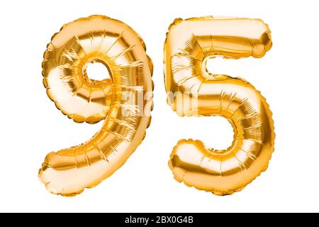 Goldene Zahl 95 (Nummer 95) auf weißem Hintergrund mit Schlagschatten ...