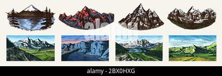Berglandschaft Hintergründe gesetzt. Alpengipfel. Mount Im Vintage-Stil. Reisekonzept. Handgezeichnete gravierte Skizze für Outdoor-Poster, Kletterbanner Stock Vektor