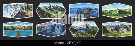 Berglandschaft Hintergründe gesetzt. Alpengipfel und Reisende mit Zelt. Vintage Mounts Aufkleber. Reisekonzept. Handgezeichnete gravierte Skizze für Stock Vektor