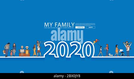 Happy family fun 2020 New year life style idea Konzept in line Text Design, Vektor-Illustration modernes Cover-Page Layout Vorlage Stock Vektor