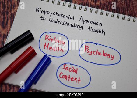 Biopsychosoziale Ansatz zum Verständnis der Gesundheitsmethode Text mit Schlüsselwörtern isoliert auf weißem Buchhintergrund. Diagramm oder Mechanismuskonzept. Stockfoto