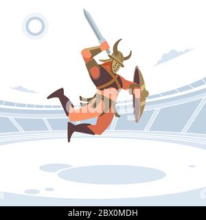 Spartaner kämpfen in der Arena der Gladiatoren. Gladiator mit Schild schlägt ein Schwert auf die Spitze. Isolierte Vektordarstellung. Flacher Stil Stock Vektor