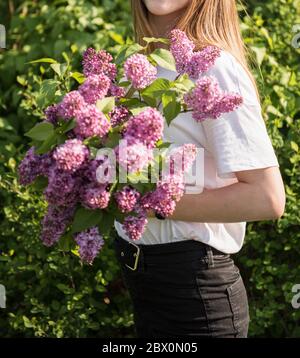 Frühlingsstrauß von Flieder in Frauenhänden. Fliederblumen. Stockfoto