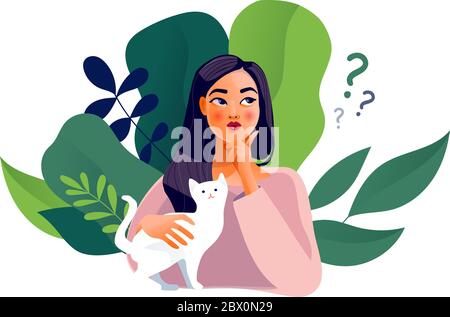 Denkendes Mädchen. Schönes Gesicht, Zweifel, Probleme Stock Vektor