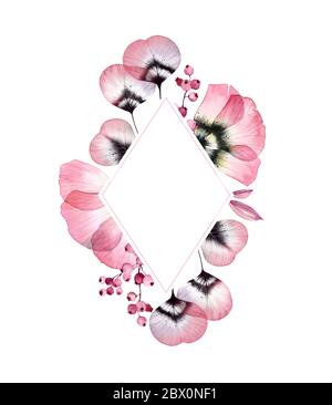 Aquarell Blumenrahmen. Vertikale Rhombenvorlage. Transparente Tulpenblüten und Platz für Text. Handbemalte Vintage Illustration für Logo und Hochzeit Stockfoto