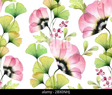 Aquarell nahtlos florales Muster. Abstrakte Tulpenblüten, Gingko-Blätter und Beeren. Isoliert handgezeichneten Hintergrund für Tapeten-Design, Textil Stockfoto