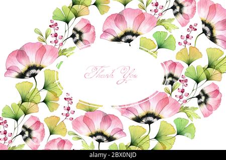 Aquarell floralen Hintergrund. Große Feldblumen, Tulpen, Gingko-Blätter. Horizontale Dankeskarte mit Platz für benutzerdefinierten Text Stockfoto
