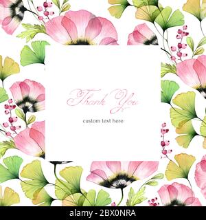 Aquarell floralen Hintergrund. Große Feldblumen, Tulpen, Gingko-Blätter. Rechteckiger Rahmen. Thank you Karte Vorlage mit Platz für benutzerdefinierten Text Stockfoto