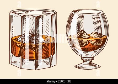 Vintage Glas Whiskey. Retro starken Alkohol. Hand graviert Skizze für Poster, retro Label oder Abzeichen. Amerikanische Scotch oder Bourbon, Symbol. Stock Vektor