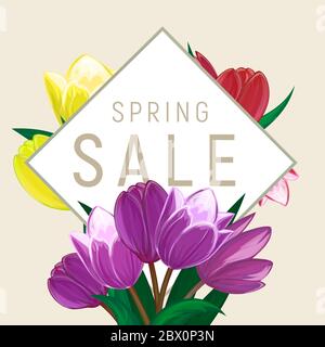 Vektor Tulpen Blumenstrauß quadratischen Rahmen oder Frühling floralen Rahmen mit blühenden roten und gelben Gartenblüten Illustration kann in Postkarte oder verwendet werden Stock Vektor