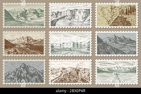 Vintage Post Briefmarken-Set. Radierung von Berglandschaften. Retro alte Mount Sketch. Monochrome Postkarte. Handgezeichnet graviert Retro-Marke, Rahmen für den Druck Stock Vektor